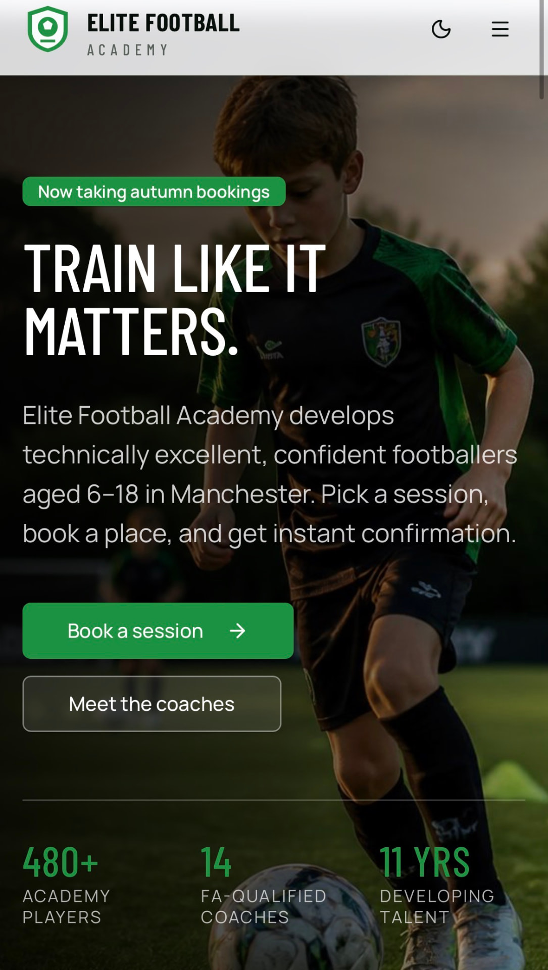 Elite Football Academy website screenshot
